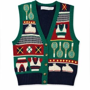 Robert Scott Ltd Vintage Novelty Tennis Knit Sweater Vest Green Navy Red S